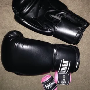 Free boxing gloves with GroupOn purchase. Pink hand wraps that I purchased.