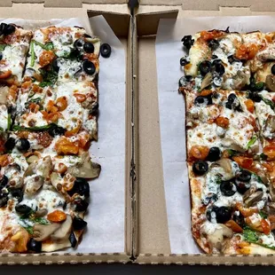 Veggie Pizzas (black olives, mushrooms, spinach and cherry tomatoes)