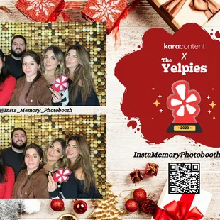 Group of friends having fun with our Photo Booth experience at a holiday event.