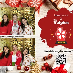 Friends having fun with our Photo Booth experience at a holiday event.