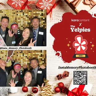 Group of friends having fun with our Photo Booth experience at a holiday event.
