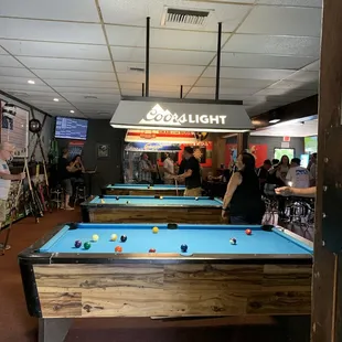 a pool table and pool cues