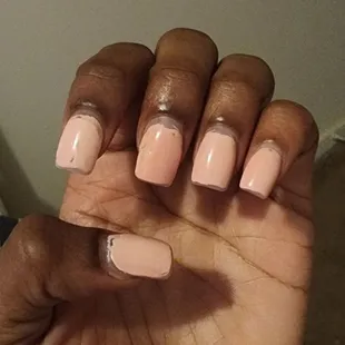 I'm very disappointed. I asked for short nails, no gel, regular nail polish. I got my nails done two days ago. It looks messy.