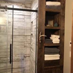 a bathroom with a glass shower