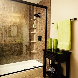 a bathroom with a glass shower