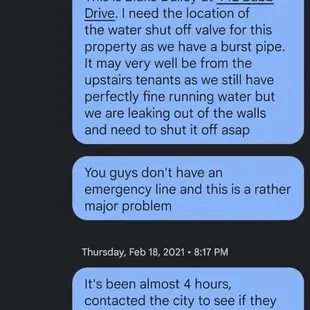 Text conversation with their "Text this number for faster responses" over a busted pipe.