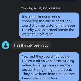 There was no further communication from Integrity after the "Ok" and we could not shut off the water for almost 16 hours due to it.
