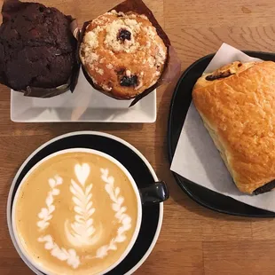 chocolate muffin - blueberry muffin - chocolate croissant with lavender latte