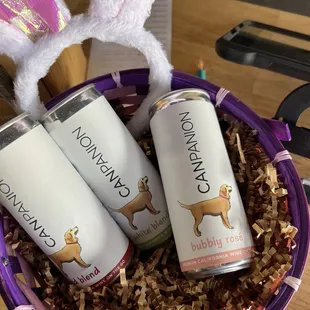 Canned wine, which is delicious! The bubbly rose was so good.