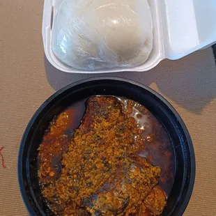 Fufu, fish and egusi.
