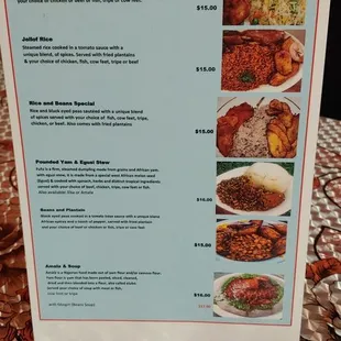 the menu of the restaurant