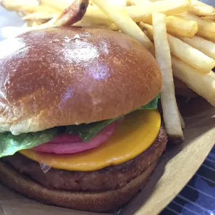 Close up of their vegan Plant Based Burger
