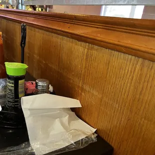 a table with condiments and condiments