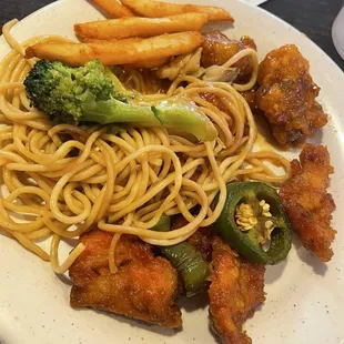 Chow mein, fries, orange chicken, and spicy chicken