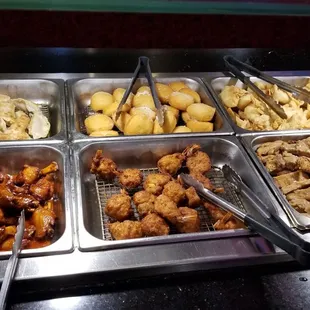 Hot wings, dumplings, peanut butter chicken, fried donuts and crab rangoon