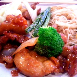 My plate #1! seafood rice noodles, fried msg chicken and a broc fragment