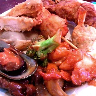 My plat #2! mussel, fried crab ball and mystery meat on stick