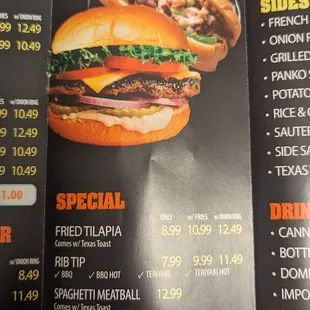 a menu for a special burger