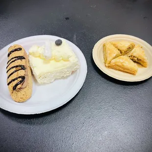 Chocolate éclair,  coconut cake and baklava