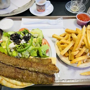 Lamp kabab with pita, side salad and fries