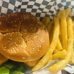 a hamburger and french fries