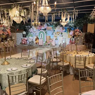 Hanging flower gardens and Chiavari Chairs in Courtyard