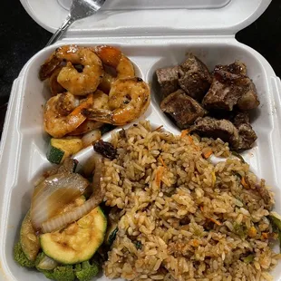 NY Steak and Shrimp; lacking seasoning, rice seemed over cooked, veggies were horrible
