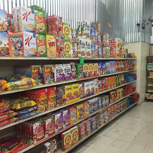 a variety of snacks on shelves