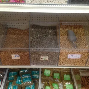 Many different kinds of seeds including pumpkin, sun flower, and plenty more!
