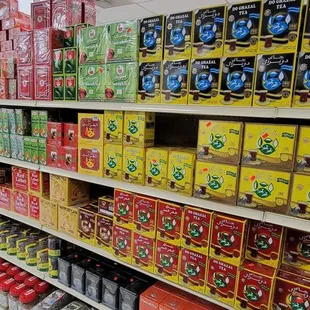 a variety of teas on shelves