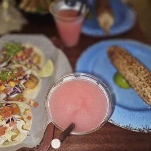 Fish tacos, Mexican street corn, and Guava margaritas.