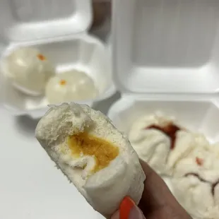 Custard bun + pork bun in back