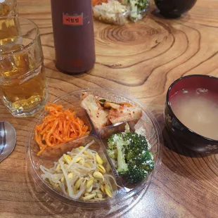 Side dishes, miso soup, and tea