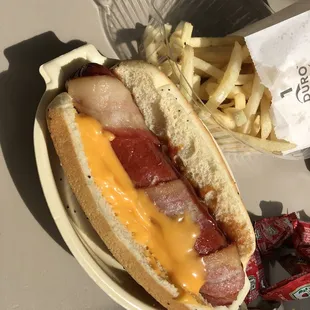 a hot dog and french fries