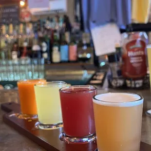 Beer Flight: (back to front) Carrot cake, Pineapple cider, Referend and Pomegranate