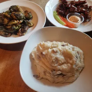 Brussel Sprouts, Mashed potatoes &amp; seitan wings....came out piping hot &amp; was delicious!