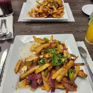 Veggie Saltado and Pescado Saltado