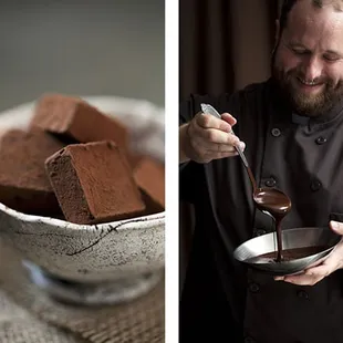 Aaron Barthel the chocolatier alongside dark chocolate ganache truffles lightly dusted in cocoa powder.