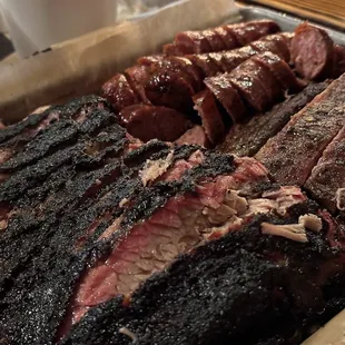 Brisket, 1/2 Rack Ribs,  Jalapeno Cheddar Sausage Link, Hickory Smoked Sausage Link