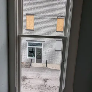 a view of a building through a window