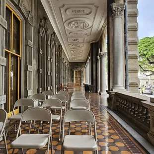Before touring the Palace, guests don plastic booties over their footwear to preserve the Palace carpets and hardwood flooring