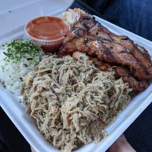 Mix plate with kalua pork and guava chicken