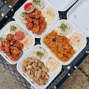 Two Mochiko Chicken's on the left, Pastele Stew top right and adobo pork bottom right.