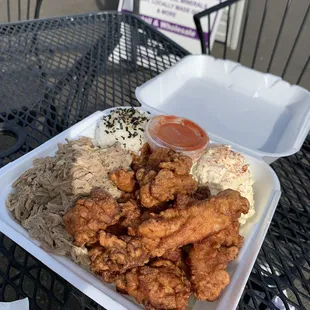 Mixed plate with kalua pork, mochiko chicken