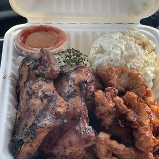 Guava and Mochiko chicken. Can't beat this real Hawaiian food..