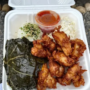 Mixed plate with Mochiko Chicken and lau lau