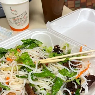 Lunch takeout was good. Ordered grilled pork vermicelli noodle salad and an iced Vietnamese coffee.