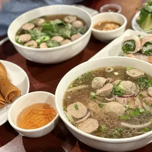 Egg rolls, spring rolls and beef ball/ rare steak pho