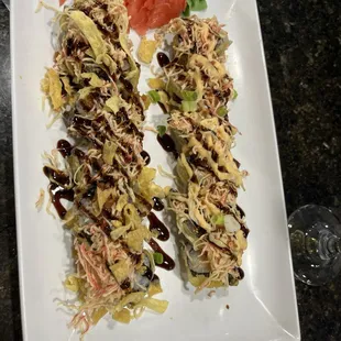 Viva Las Vegas Roll and Sumo Roll i think! With a glass of chardonnay  will be back soon.