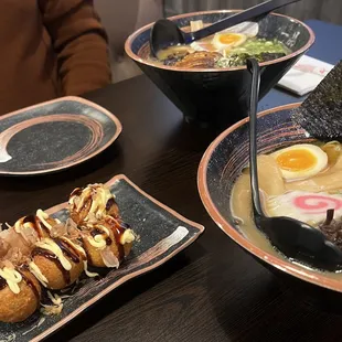 two bowls of ramen and a bowl of soup